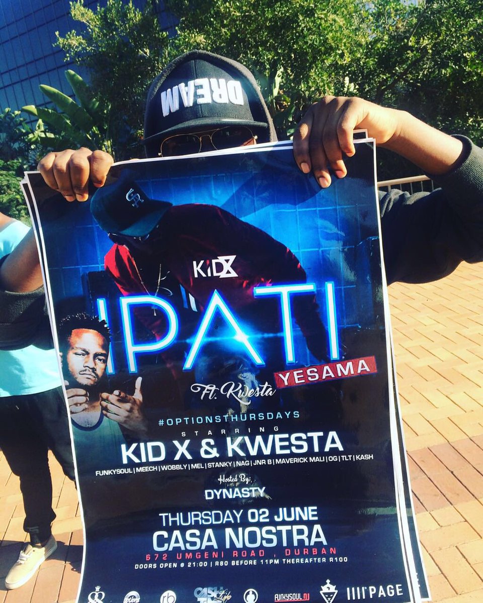 OptionsDBN's tweet photo. 🚨🚨🚨Tmrw its lit🔥🔥🔥 #IpatiYeSama at #OptionsThursdays with @KidXSA & @KwestaDaKAR @OptionsDBN🚨🚨🚨🚨 R80 gets you in🍻 https://t.co/PDHPi26dCr