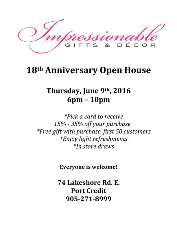 Celebrating 18 years of business <a href="/Impress_Gifts/">Impressionable Gifts</a> in #PortCredit on June 9, everyone welcome! #Grateful #Mississauga