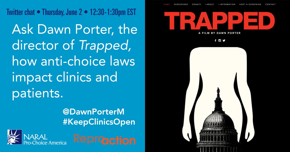 TrappedDoc's tweet image. Join @dawnporterm for a #TwitterChat with our colleagues at @NARAL. 12:30pm EST #KeepClinicsOpen