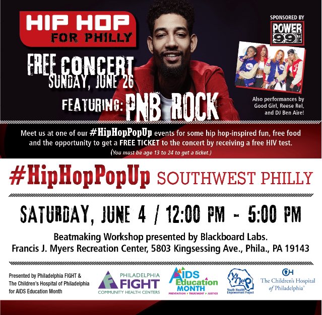 PhillyCARS_Proj's tweet photo. Come to the first #HipHopPopUp event this sat 6/4! Chances to get a FREE TICKET to HIP HOP FOR PHILLY!!!🙌🏾💪🏽💯💯 https://t.co/ZIrbMIDd90