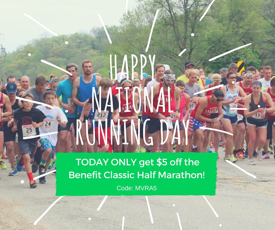 Only today get $5 off the Benefit Classic #halfmarathon. Code: MVRA5 bit.ly/1MyNf9K #NationalRunningDay