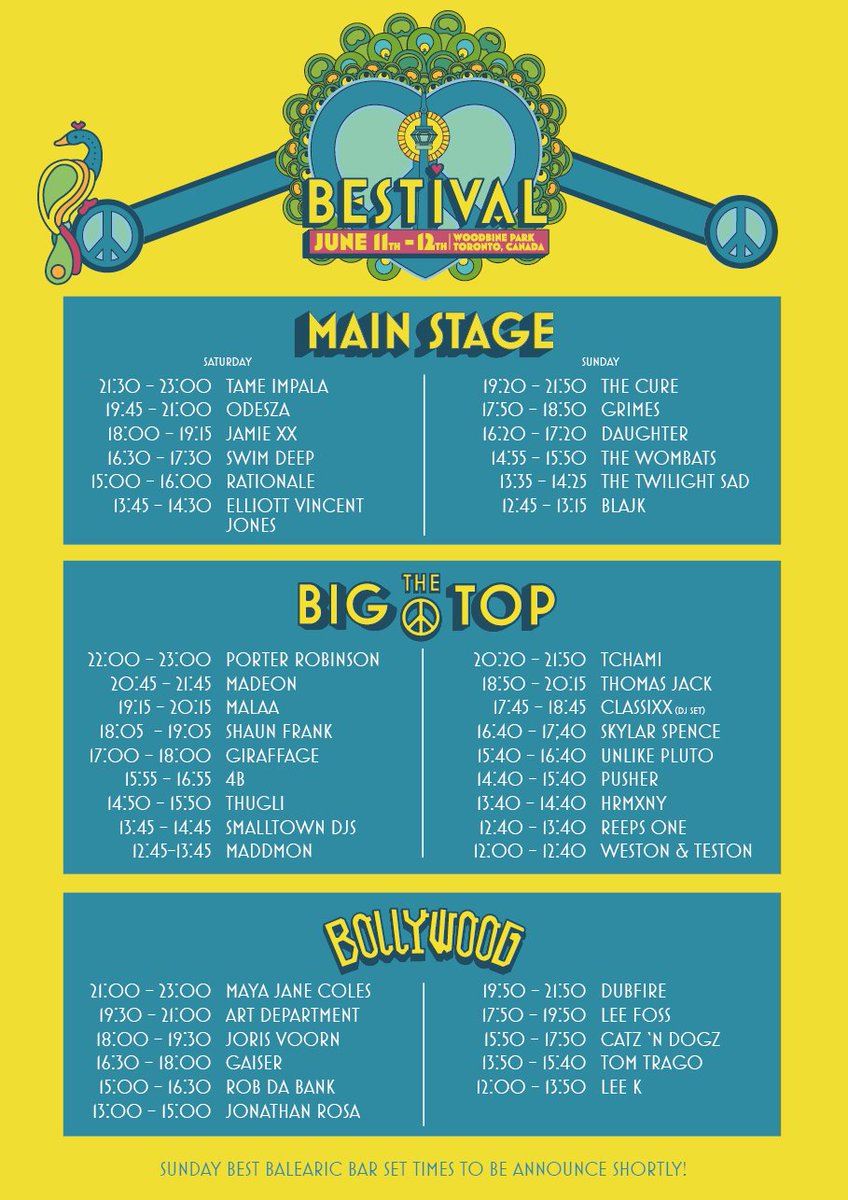 bestivalTO's tweet photo. Set times are out!! 🙌 Lock down your Bestival plans now 👌 https://t.co/vfopD6vVdC