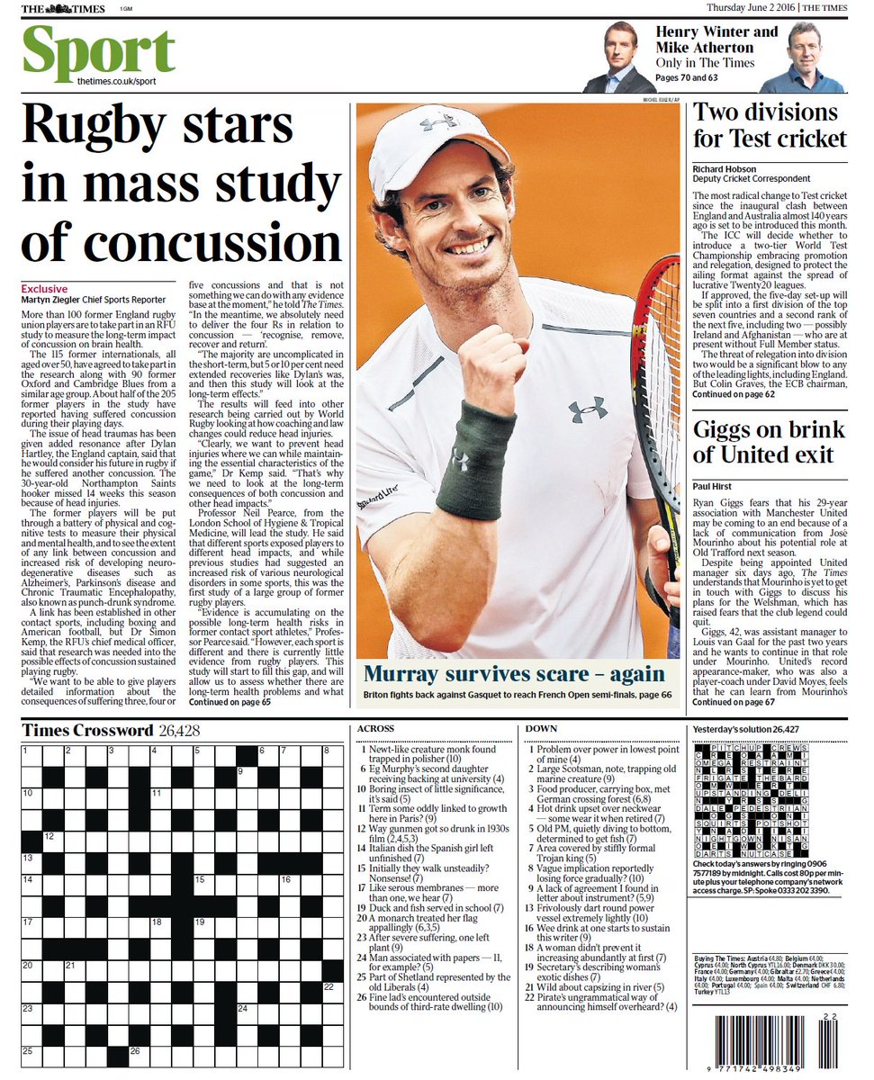 suttonnick's tweet image. Thursday's Times back page:
Exclusvie - Rugby stars in mass study of concussion
#tomorrowspaperstoday #bbcpapers