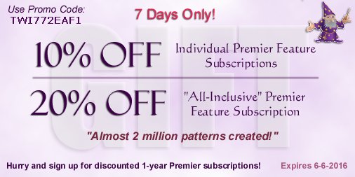 PatternWizard's tweet image. 10% off individual or 20% off the all-inclusive Premier subscriptions. 7 days only! bit.ly/1Wxlp2B