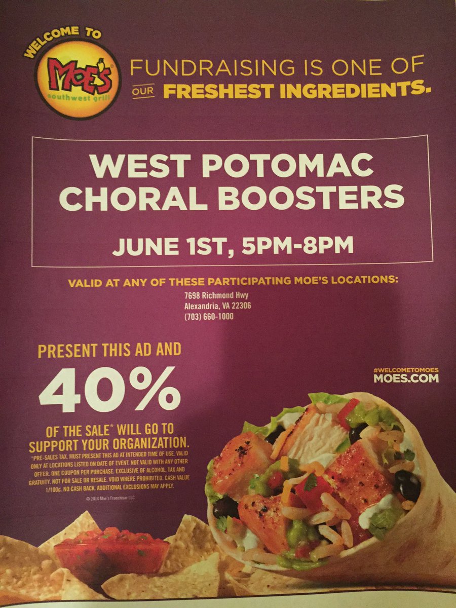 WestPoSings's tweet photo. Don't know what you want for dinner? Eat at Moe's on Richmond Hwy tonight from 5-8 to support us!(bring this flier) https://t.co/tZmfUp9FWa