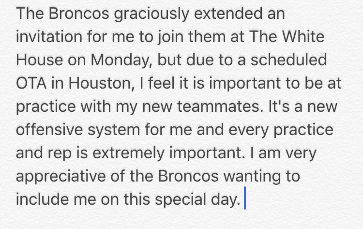 JamesPalmerTV's tweet image. Brock Osweiler's statement on not attending the White House with @Broncos on Monday.