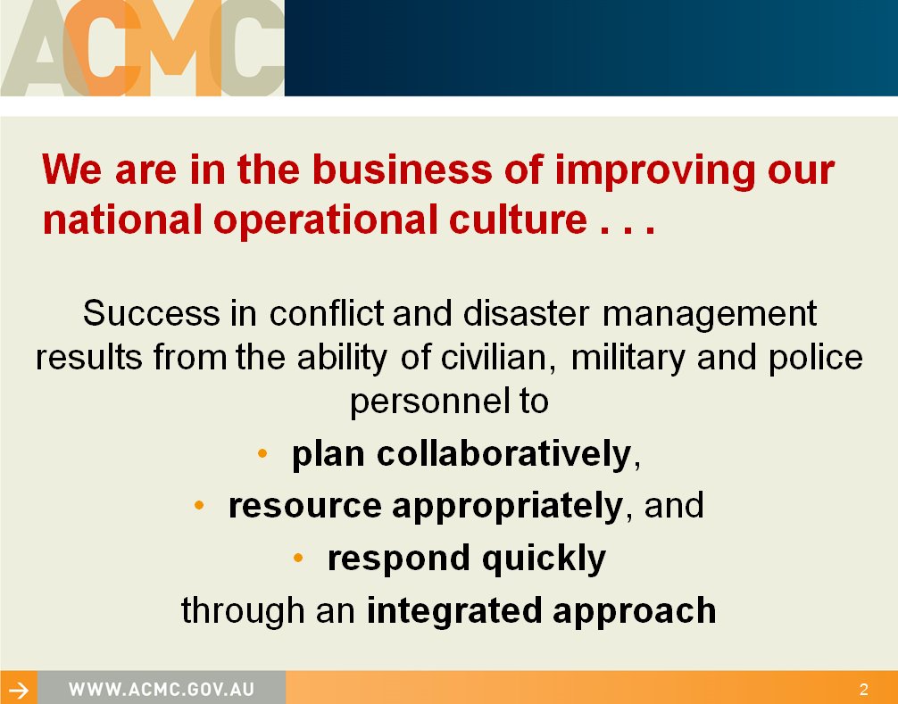 AustCivMil's tweet photo. ACMC promotes the 'shared consciousness' approach to crisis response, We should build #TeamofTeams #CIVSEC2016 https://t.co/o7wHnPhW55