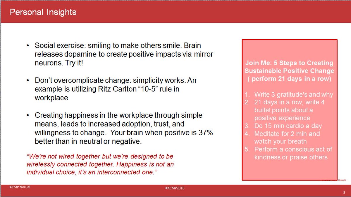 NzymeSolutions's tweet photo. @shawnachor Thanks for inspirition at #ACMP2016. Presented it to #NorCalACMP audience. Happiness needs to be shared. https://t.co/knuVuZgpiG