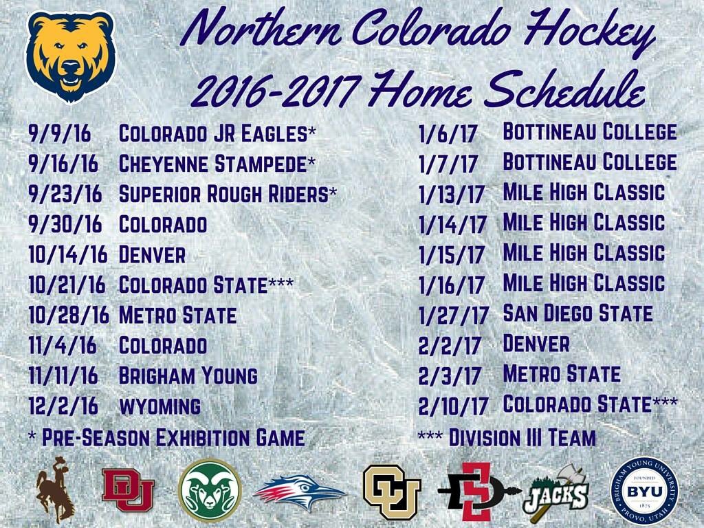 The 2016-2017 Northern Colorado Hockey home game schedule is here! More info on our website. #GoBears