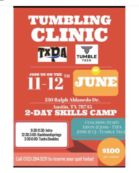 TxPowerAthletic's tweet photo. #Tumbling Clinic w/@TumbleTech_atx at #TxPA World Class Coaches! #austintexas #flip #twist https://t.co/8YEPkgVa4k