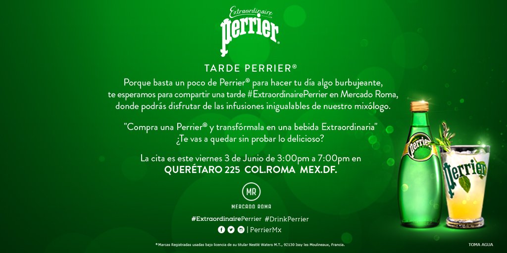 mercadoromaMX's tweet photo. ¡Tenemos el mejor plan!
Te esperamos el viernes en #MercadoRoma para convertir tu @PerrierMX en un delicioso coctél. https://t.co/NDTzK7713C