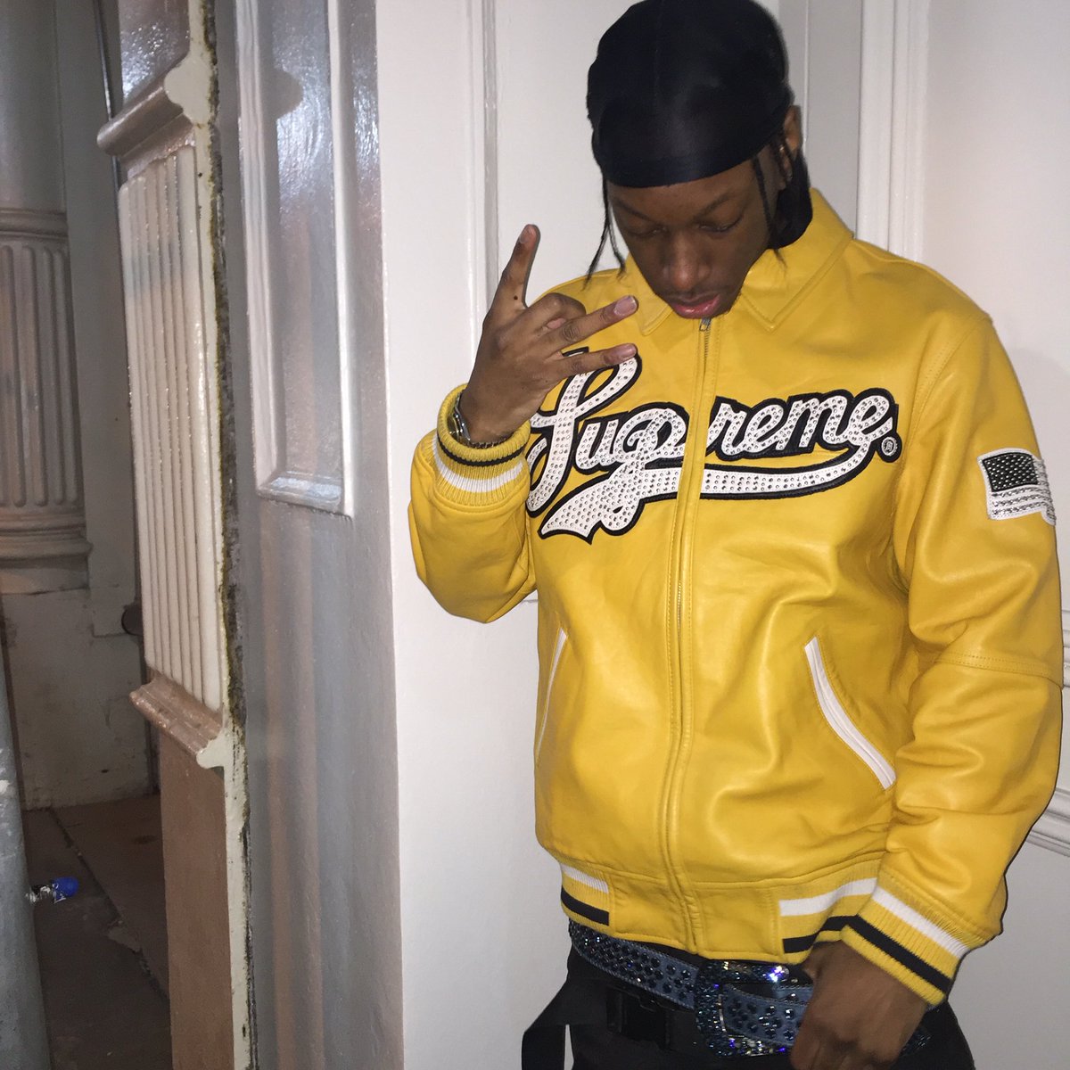 Supreme Uptown Studded Leather Varsity Jacket In Yellow