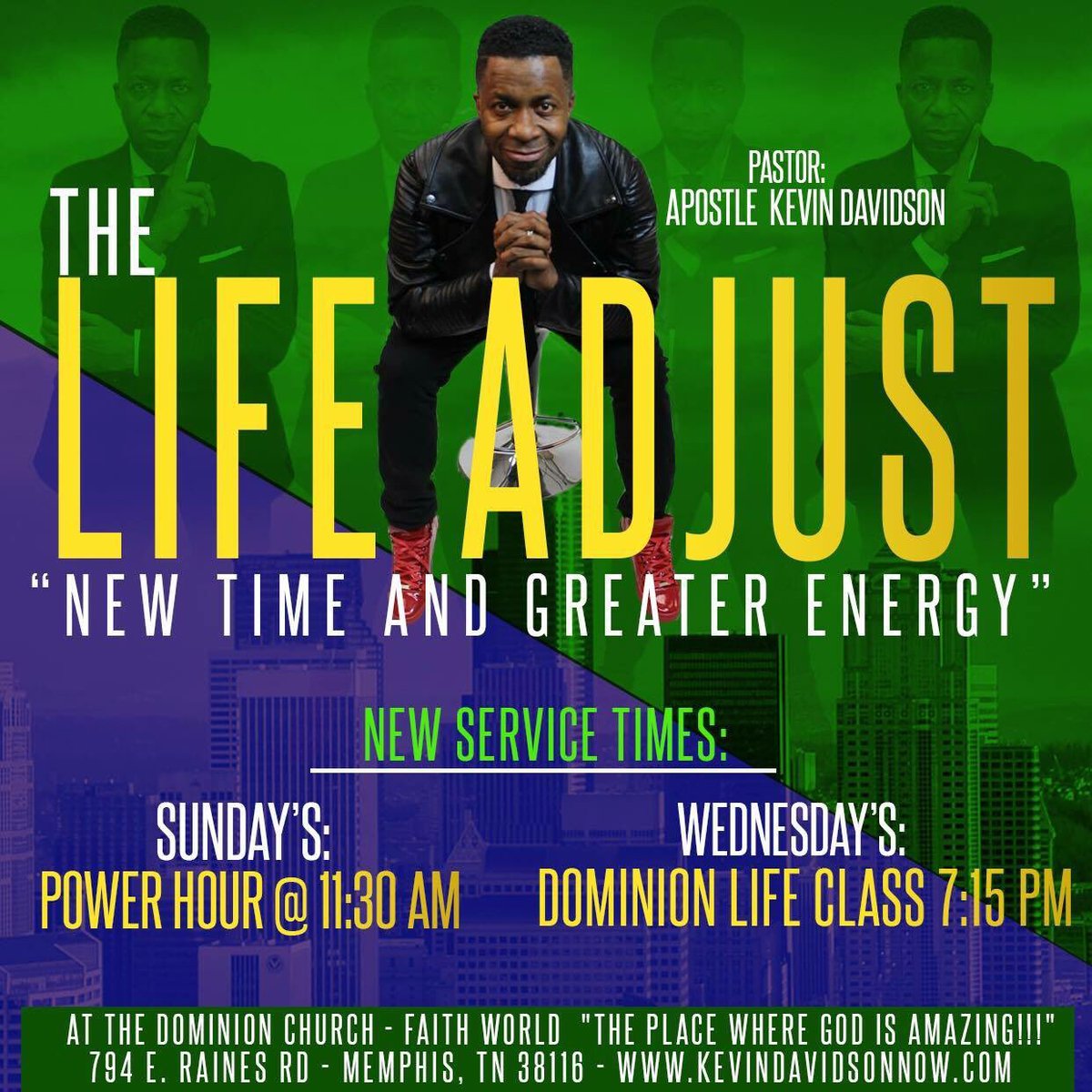 KDavidsonNOW's tweet photo. NEW SERVICE TIMES!!!! #LifeAdjust https://t.co/aJAhGs2pcl