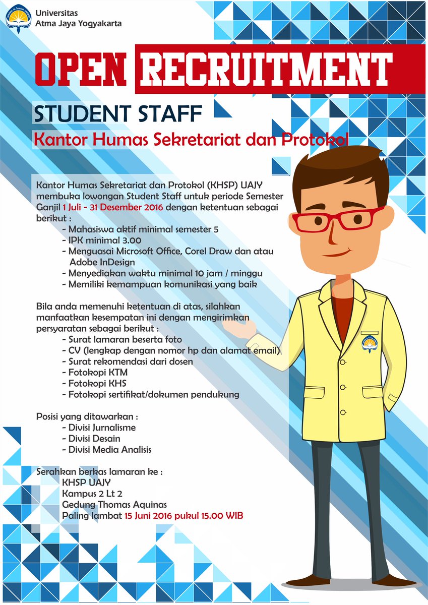 #Oprec Student Staff KHSP Juli-Des 2016. Deadline lamaran 15 Juni 3016. Ayo manfaatkan kesempatan menjadi Humas UAJY