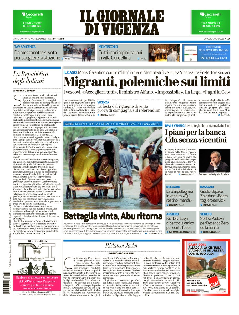 Questa la prima pagina de Il Giornale di #Vicenza in edicola oggi