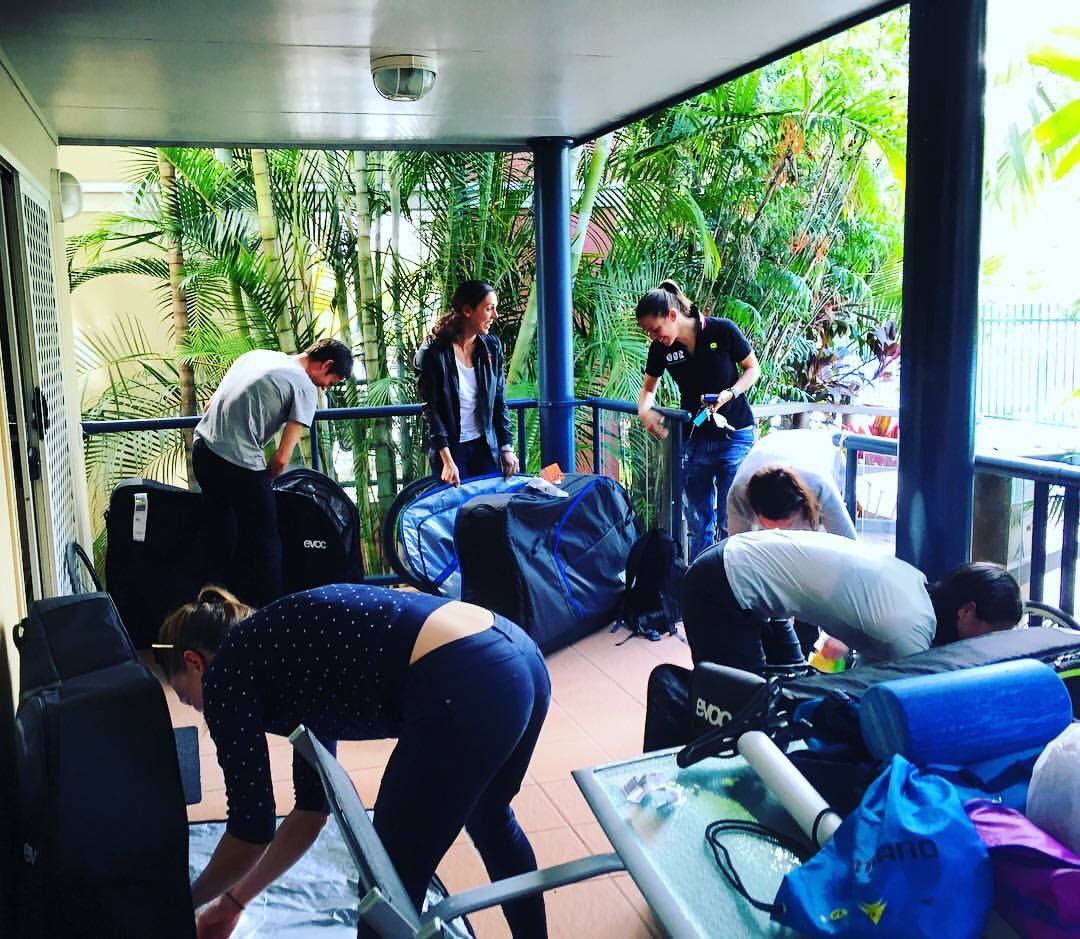 Airports, waiting, unpacking bikes, rides, chilling out &amp; catching up w/teamies #firstdayontour #theyrestillcrazy!
