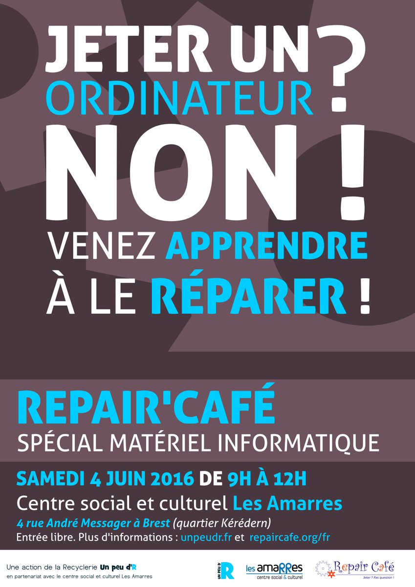 UnpeudR's tweet photo. Un souci avec votre matériel informatique? #RepairCafé Samedi centre social Les Amarres #keredern #Brest https://t.co/ci79jkKFGY