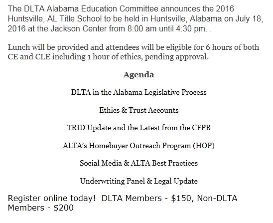ALtitleindustry's tweet photo. Join us for our #Huntsville Title School on July 18 Register at https://t.co/cVu2IonmFR 6 hrs CE/CLE https://t.co/kFEzqLQCkS