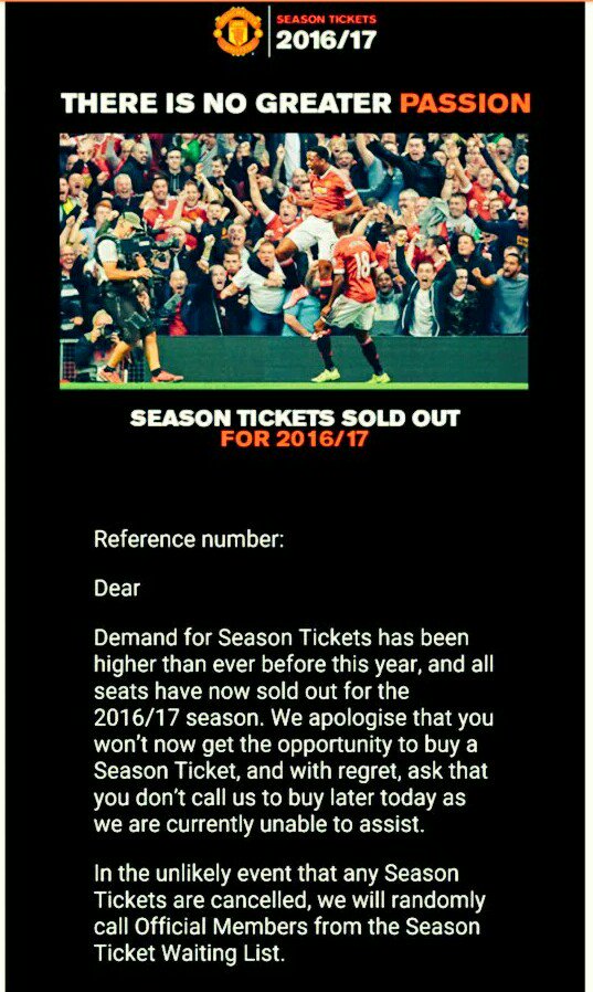 indomanutd's tweet photo. Official: Manchester United mengonfirmasi bahwa semua season ticket untuk musim 2016/17 sudah habis terjual. Wow. https://t.co/84tDNGP07L