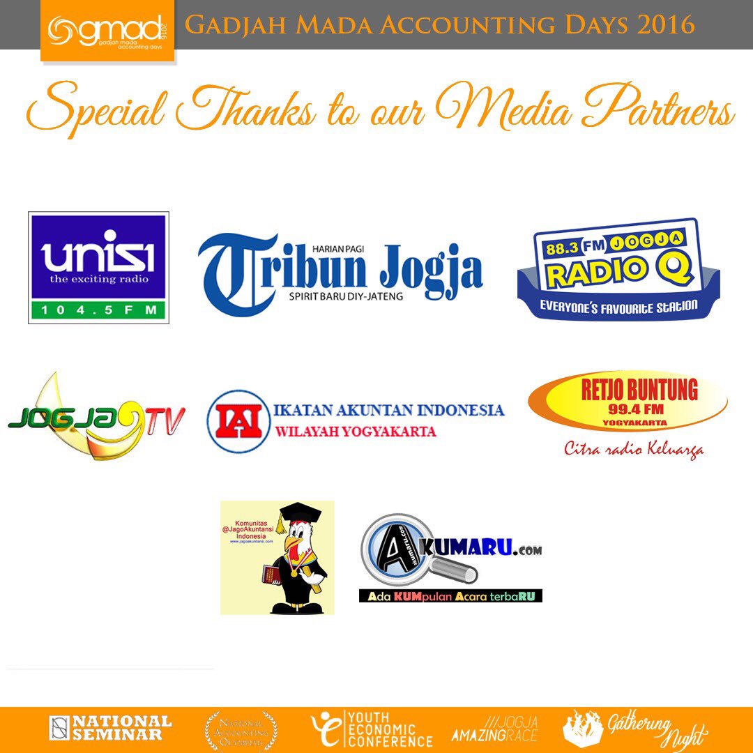 GMAD_UGM's tweet photo. We want to thank our and media partners. See you again in Gadjah Mada Accounting Days 2017! GMAD Grande! https://t.co/LtiunJ56A9