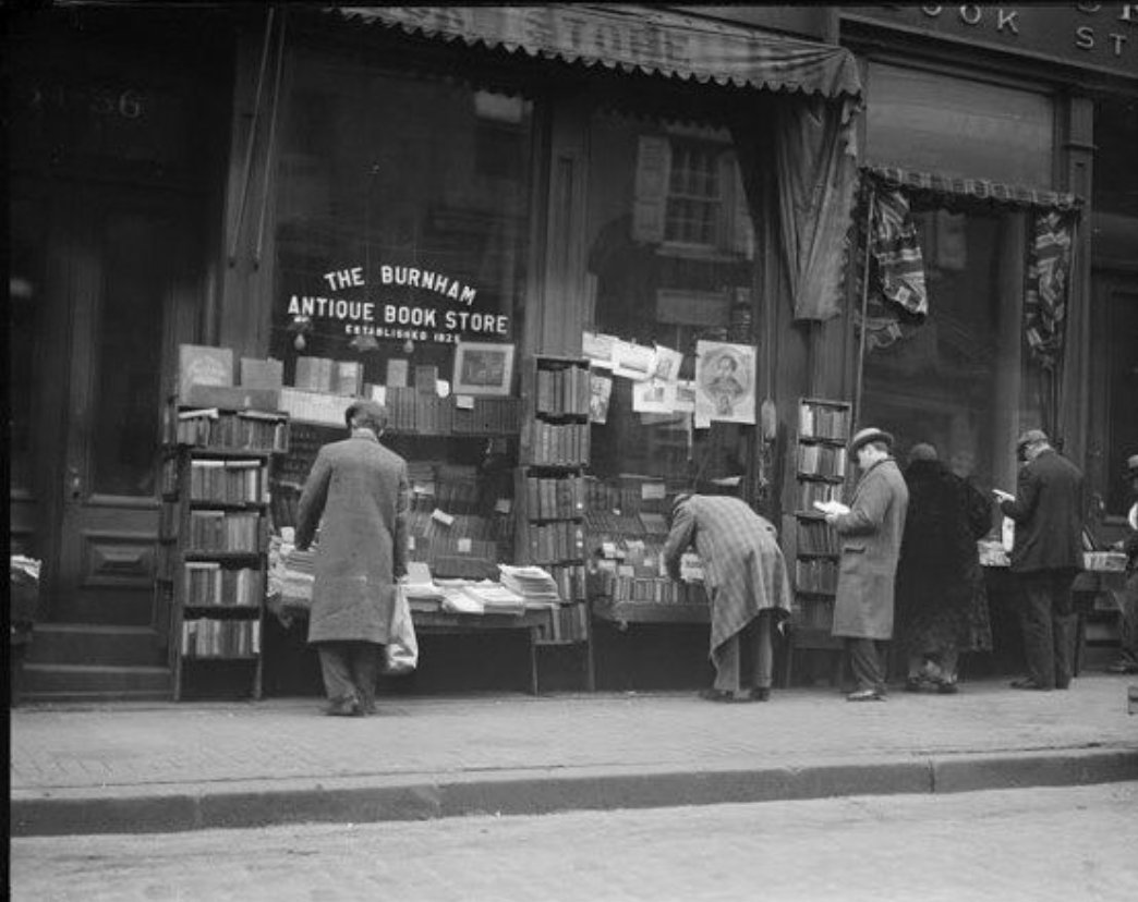 covercar77's tweet image. The Burnham Antique Book Store, Boston 1930