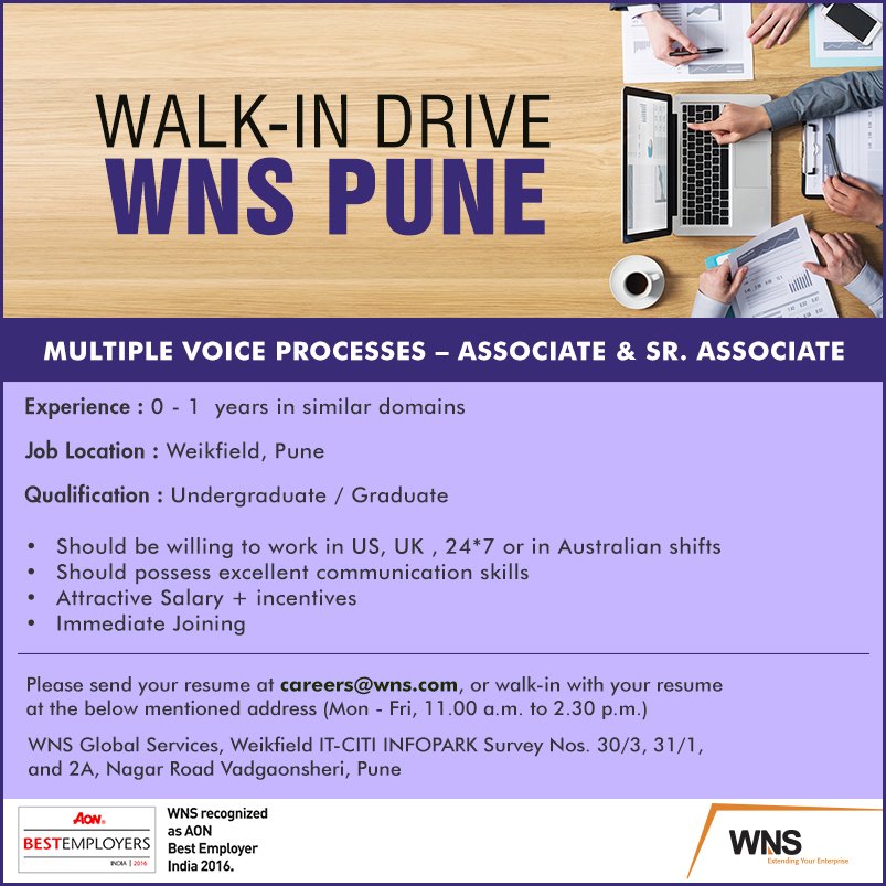 wnscareers's tweet photo. Hiring for : Multiple Voice Processes (Associate / Sr. Associate)
Location : WNS Pune https://t.co/DXbzbzUruZ