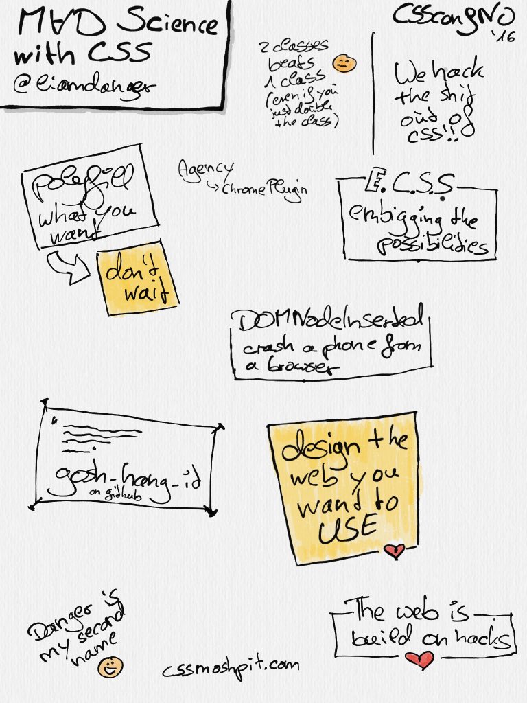 codingCookie's tweet image. very good talk from @liamdanger about &quot;Mad Science with CSS&quot; #cssconfno #sketchnotes