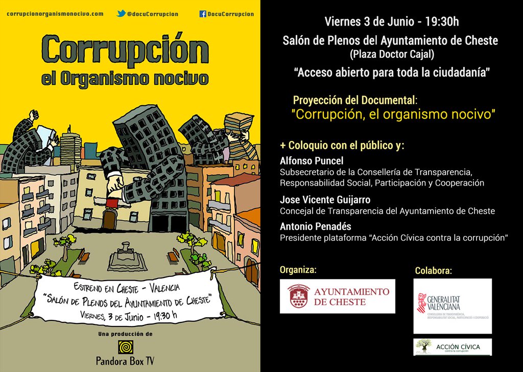 compromischeste's tweet photo. Te esperamos esta tarde en el Salón de Plenos del Ayuntam. de Cheste (19.30h) para ver @docuCorrupcion + coloquio https://t.co/ktIcHatJj9