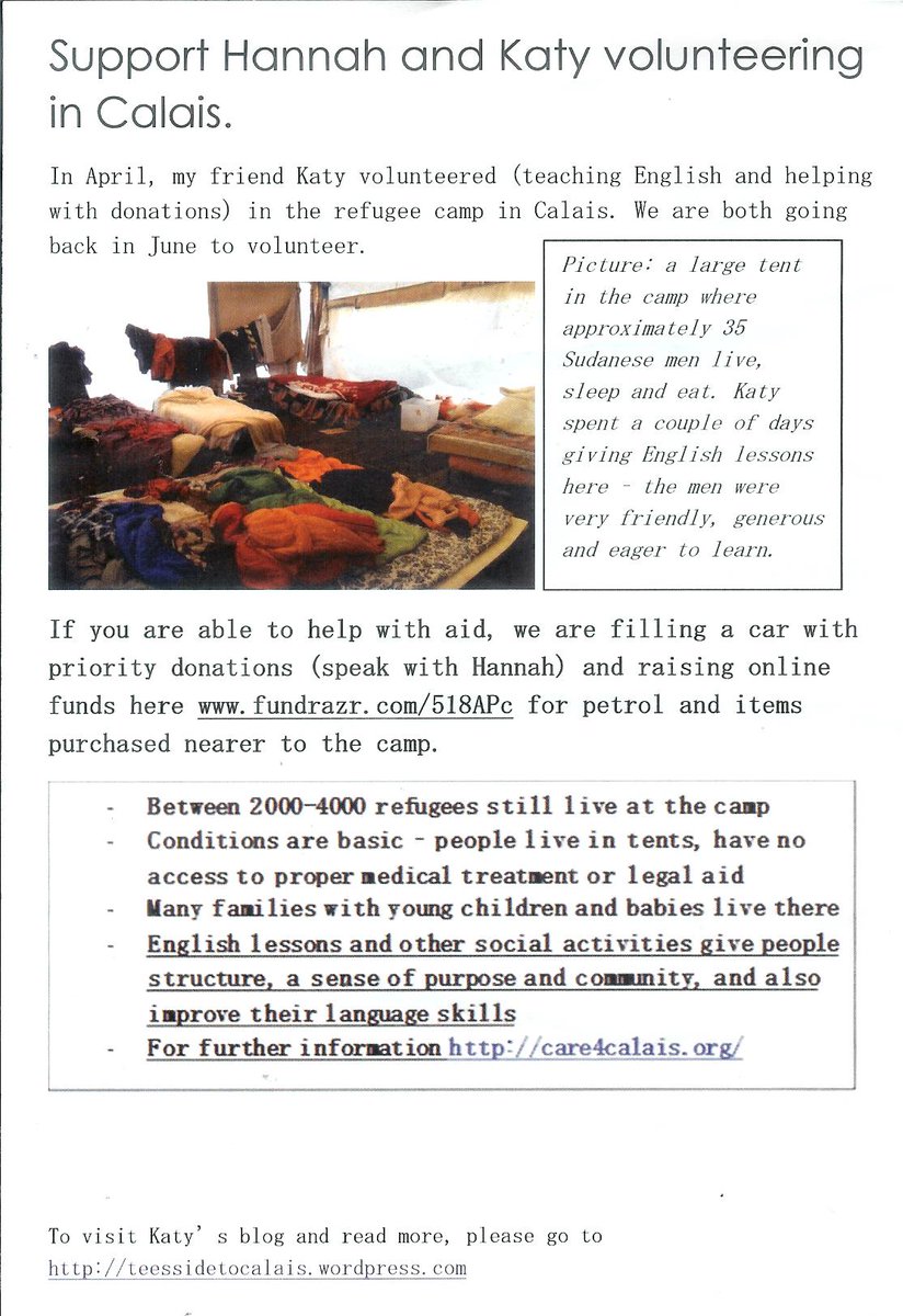 StocktonWelcome's tweet photo. Hannah going to Calais next week from Stockton.please donate as on poster and listed https://t.co/6EYzZj0AZx https://t.co/ApnEjvRPvK