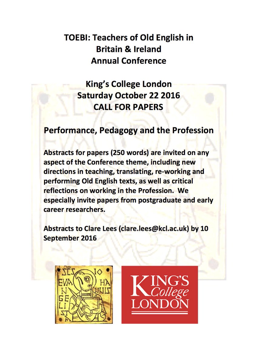 Francheskyia's tweet photo. YAY @clamskcl is hosting @TOEBI14 2016! Old English: Performance, Pedagogy, &amp; the Profession #cfp #medievaltwitter https://t.co/S7tPjgfWWb