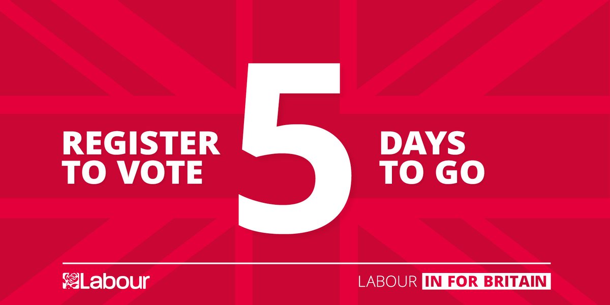 UKLabour's tweet photo. Five days until the deadline to register to vote. So don’t delay - register now. #EUref https://t.co/5CsLmqeuNm https://t.co/ANITDvCV45