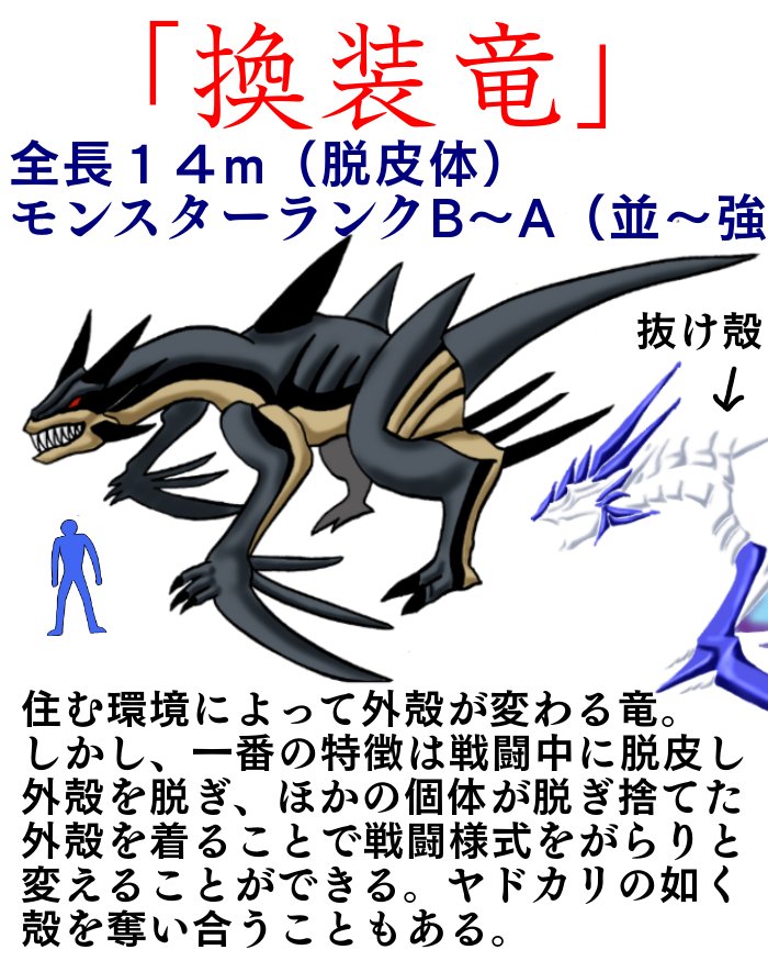 コブチャンチン در توییتر コブモンスター図鑑その１６ 換装竜 ぶっちゃけ換装って ライガーゼロとかガンダムf90とかあって 珍しくもないけど 生き物で脱皮の殻を利用して はないハズ モンハンにいそう コブモンスター図鑑 ドラゴン イラスト
