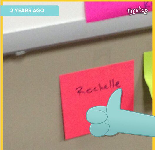 RochelleGilken's tweet photo. I was the big news in #CFcomm 2 years ago today. On my first day, I got my name on a post it note. https://t.co/lkxgGf8Qou