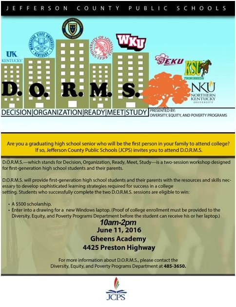 Just graduated? Going to college? Don't miss DORMS - opportunity 2 win a $500 scholarship! <a href="/JCPSKY/">JCPS</a> <a href="/Summer_Coaching/">Summer Coaching</a>