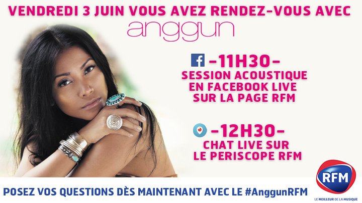 RFMFrance's tweet photo. Posez vos questions @Anggun_Cipta avec #AnggunRFM ! Elle y répondra demain à 12H30 sur le #Periscope @RFMFrance ! 😉 https://t.co/jCZAFPhWus