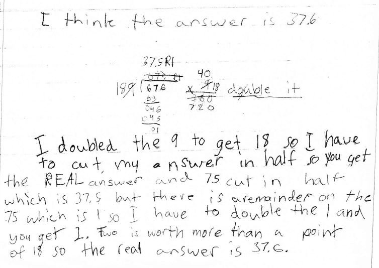 mburnsmath's tweet image. Two-digit division is hard. S changed divisor of 18 to 9, then cut the answer in half. See the remainder! Now what?