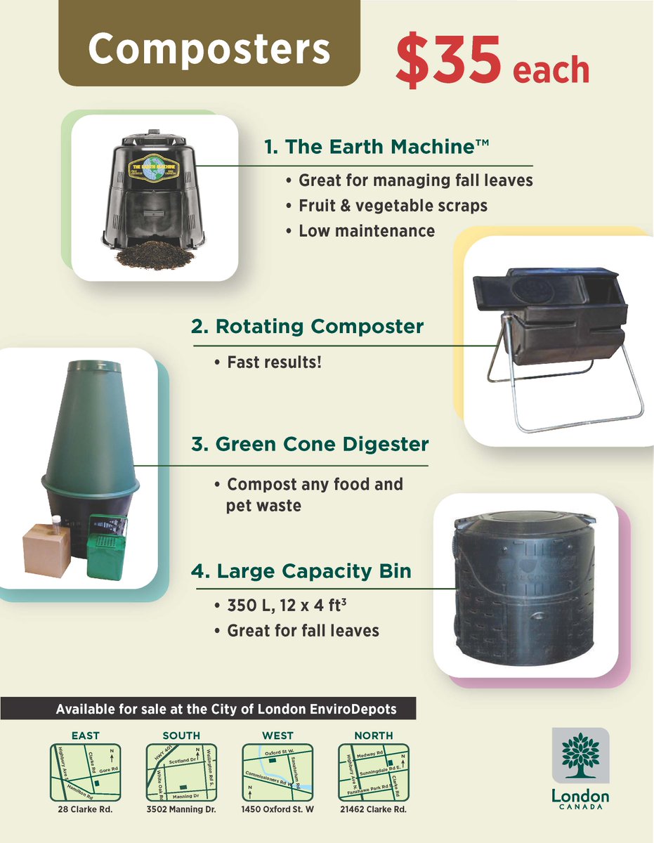 We have composters for sale at our EnviroDepots. $35 each - 4 styles. london.ca/compost for details #ldnont