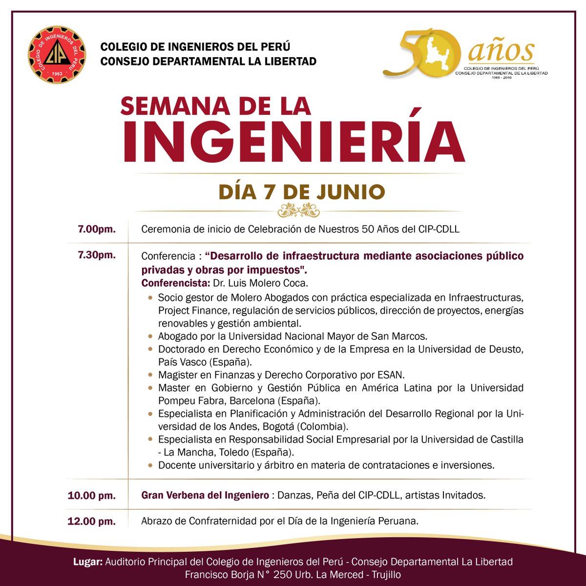 Les invitamos a participar de la SEMANA DE LA INGENIERÍA por motivo de celebrar nuestros 50 años. Inicia: 7 de junio