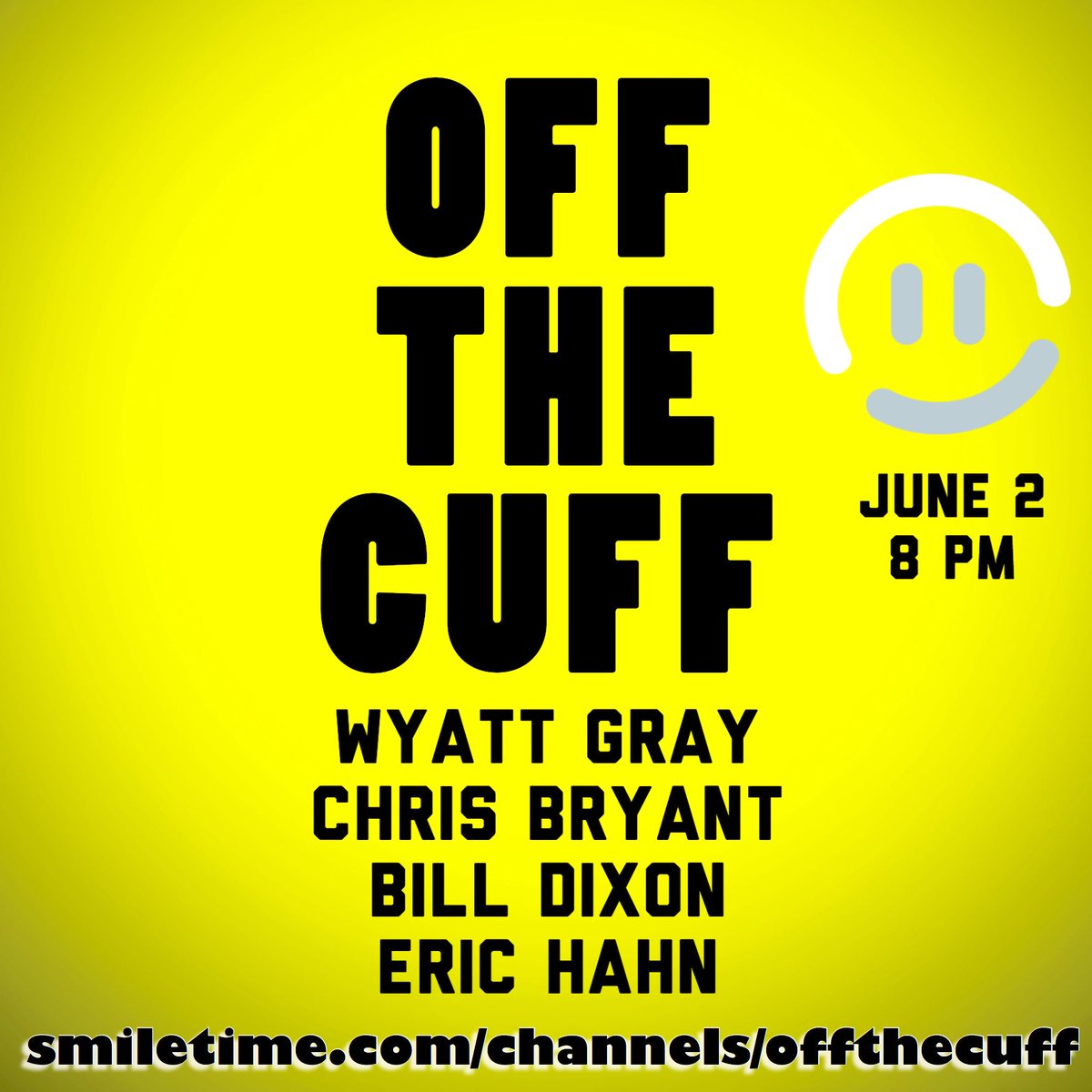 OTComedy's tweet photo. Tonight 8pm PT another hilarious episode with @BillDixonish @tenderchris @WyattSGray @Hahneric on @smiletime #Funny https://t.co/JIjYZs28R4