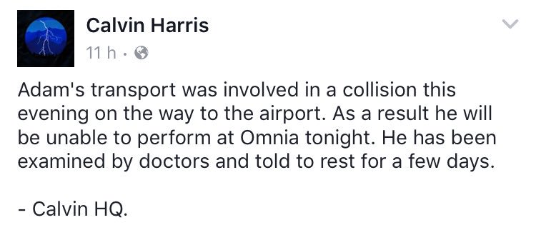 VixdelaTorre's tweet photo. Calvin Harris ha sufrido un accidente de coche en L.A. y tras pasar por el hospital, estará unos días inactivo https://t.co/UkMevpbKHz