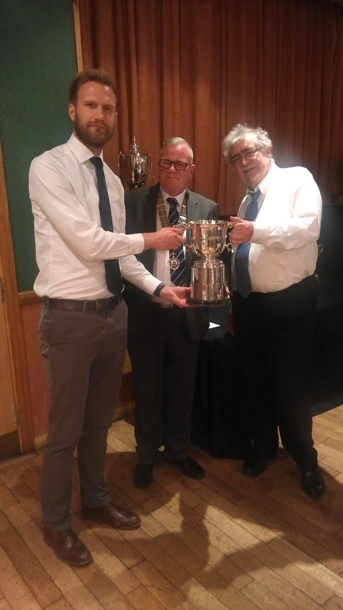 The Senior Cup presented to <a href="/Village_FC/">Village FC</a> Ric Bowl and the finals man of the match Mark Gallagher