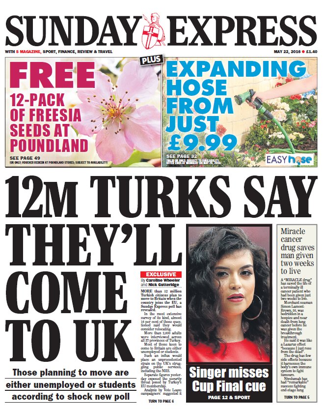 SUNDAY EXPRESS FRONT PAGE: '12m Turks say they'll come to UK' #skypapers