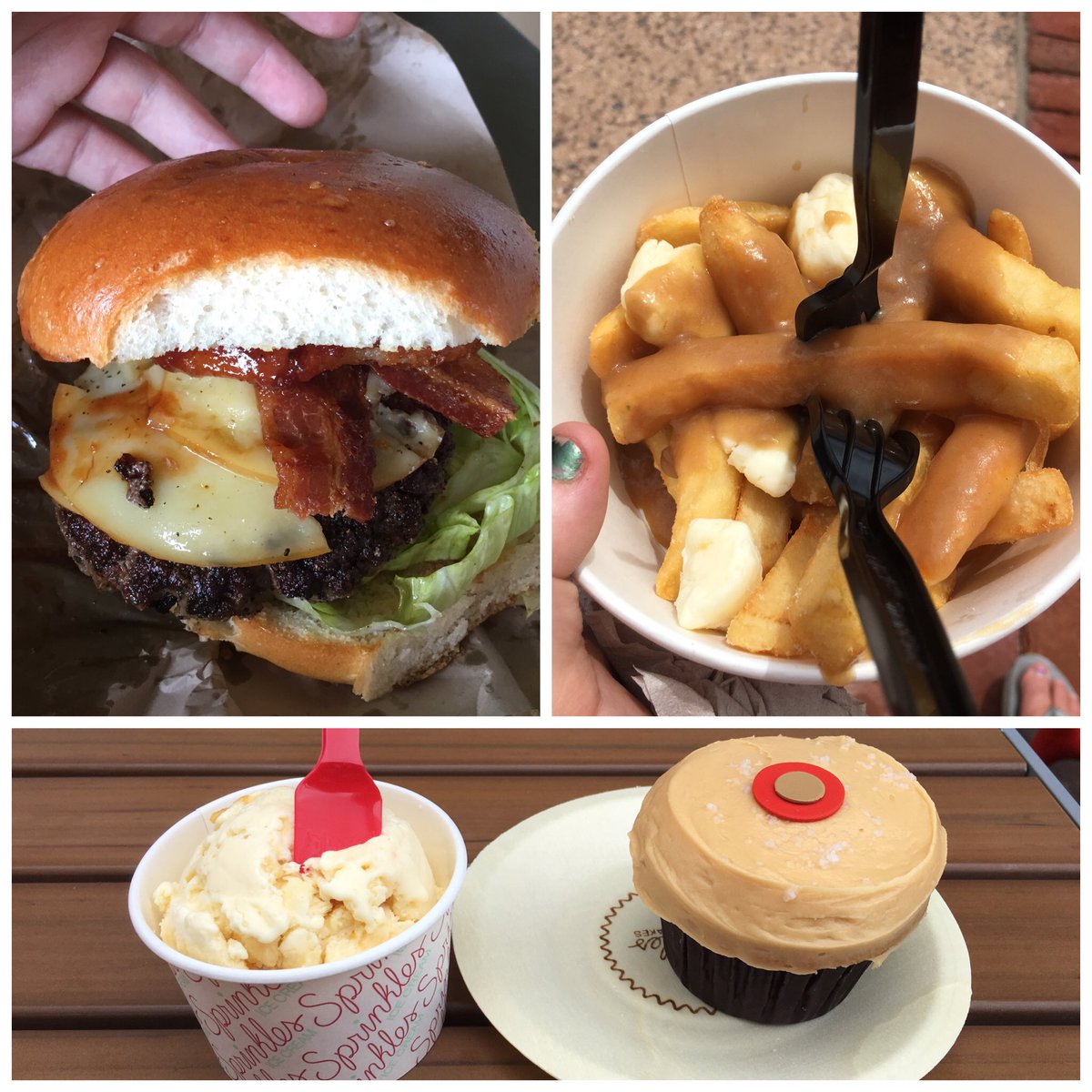 jpeanutOSU's tweet photo. All the good eats from @DisneySprings earlier. #DLuxeBurger #TheDailyPoutine @sprinkles https://t.co/0iqsAoPaCq