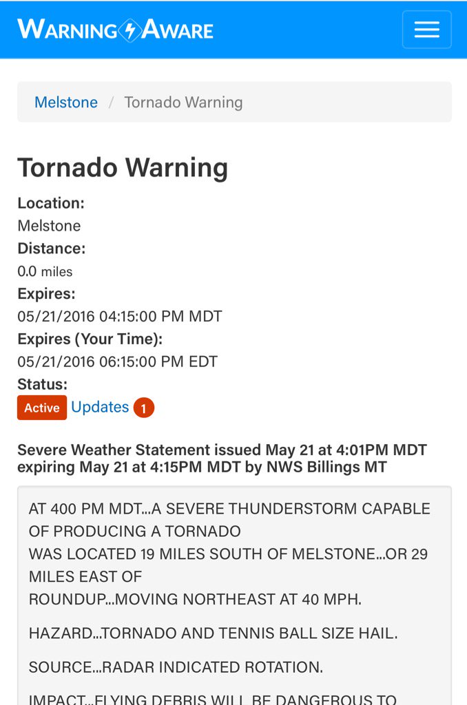 ReedTimmerUSA's tweet photo. TORNADO WARNING in central MT for strong rotation headed toward Melstone!! Alert via https://t.co/4FgblOKqzC #mtwx https://t.co/mMsiBjDcfe
