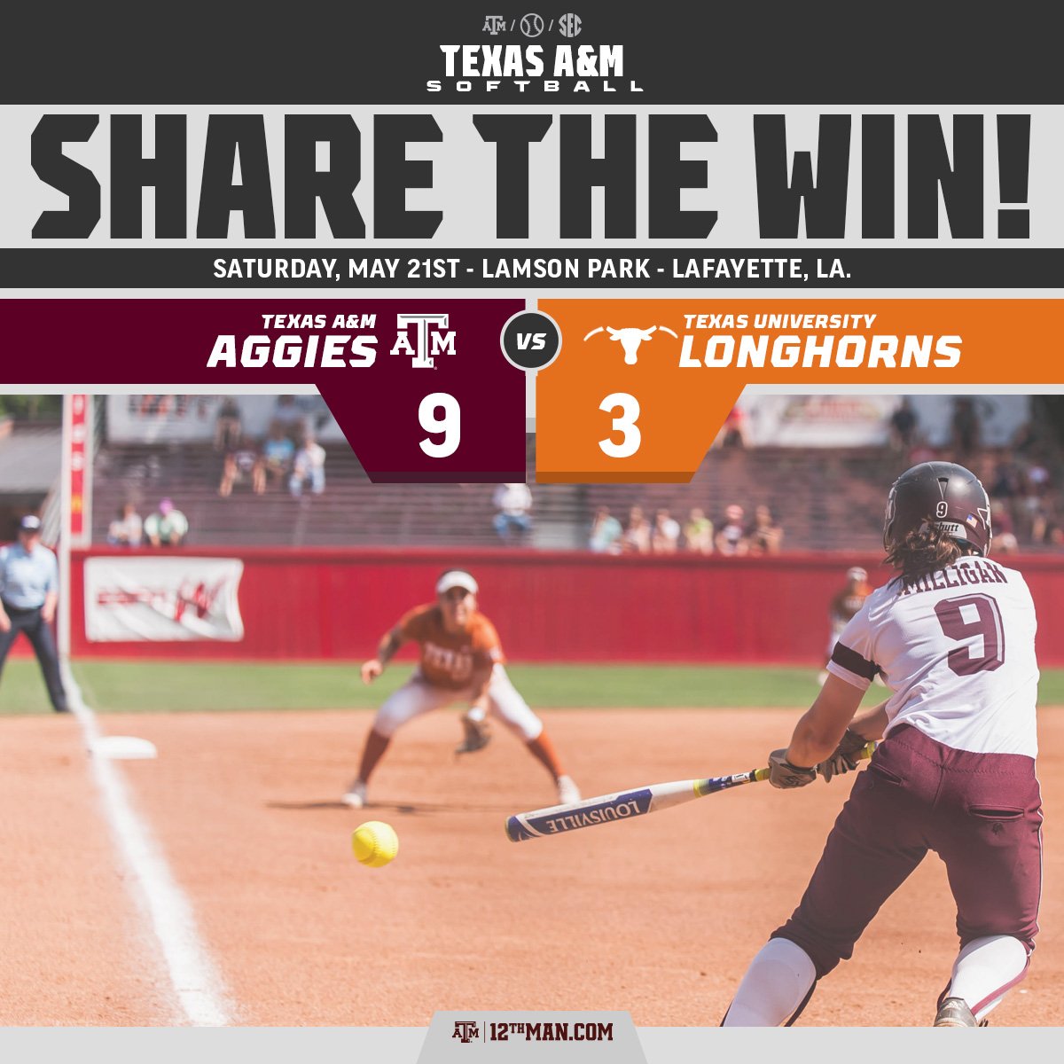 AggieSoftball's tweet image. The Aggies take care of business with a 9-3 win over Texas! #RTtheWIN #12thMan #D1softball #RoadToWCWS