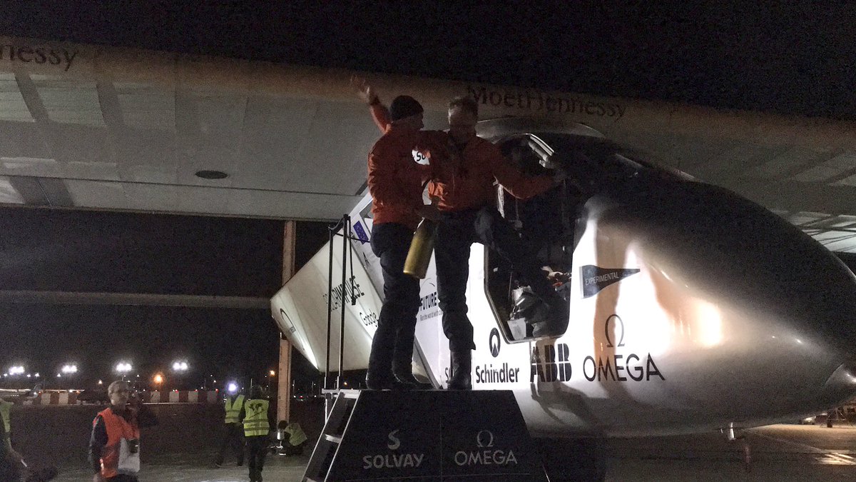 solarimpulse's tweet photo. Congratulations @andreborschberg for flight to #Dayton today we're now in the #WrightBrothers city #futureisclean https://t.co/8DAhEf93Fv
