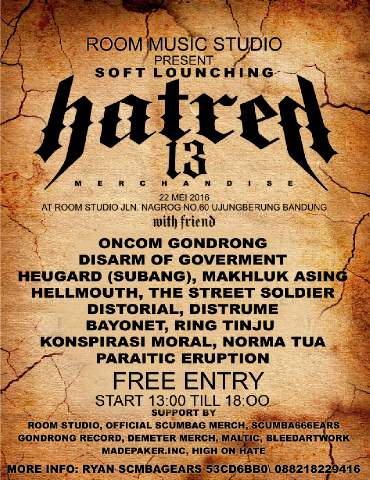 HARI INI, soft launching HATRED13 MERCHANDISE @RoomsMusic Studio, Start 13.00-18.00...FREE ENTRY alias GRATISSSSS!!!
