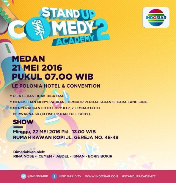 Siap-siap ke Rumah Kawan Kopi Medan siang ini, ada <a href="/Rina_Nose/">Rina Nose</a> <a href="/MasCemen/">Chrismanto Ronaldo</a> <a href="/abdelachrian/">Abdel Achrian</a>! #StandUpAcademy2