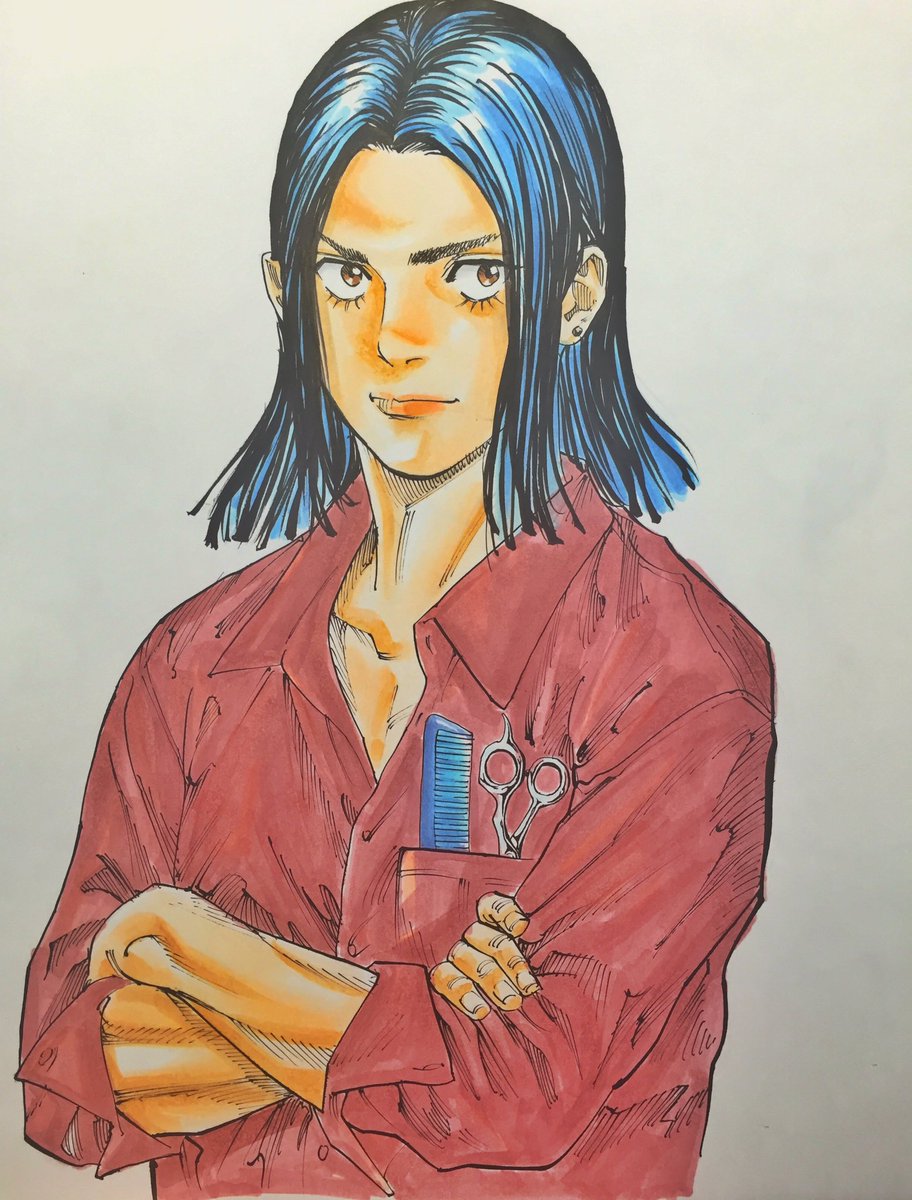吉村拓也 イラスト講座 Ar Twitter コピックで塗ったカラー 黒髪を塗る時はグレーを使うと地味になったりするので青系を使ったり 金髪と青色のシャツは色味的に相性が良い気がします 服装の着色は原色をいっぱい使うより 1色に絞り 白やブラウンに合わせると自然