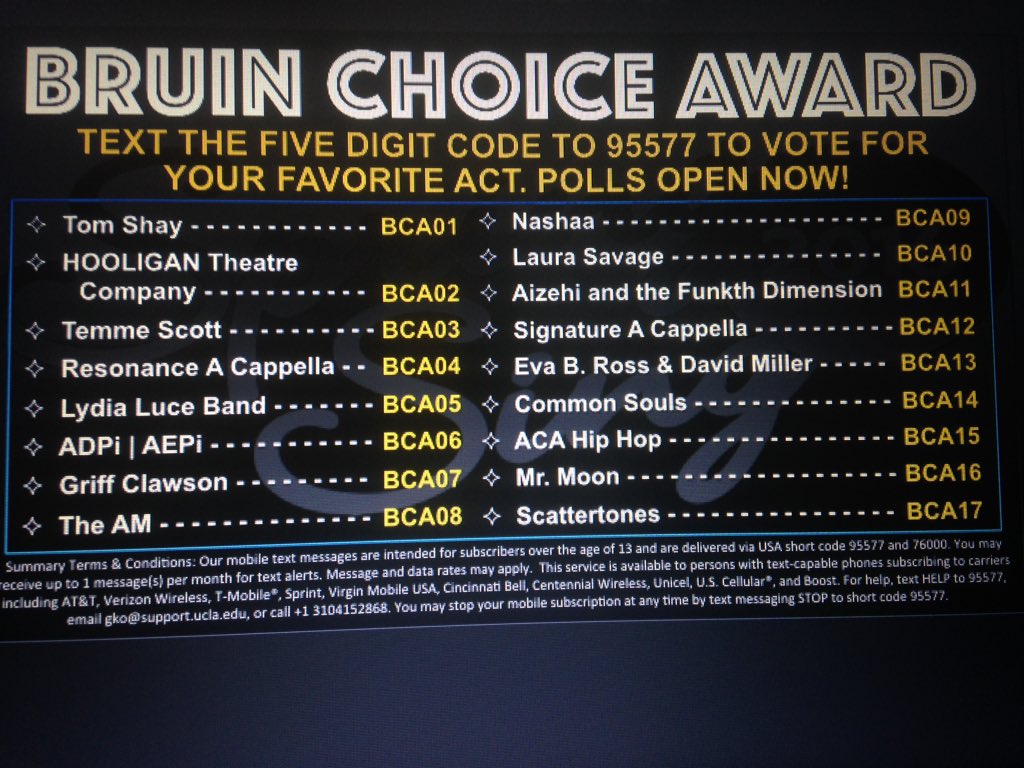 Make sure to cast your vote NOW for the Bruin Choice Award! Text 95577 w/ ur fave performance!